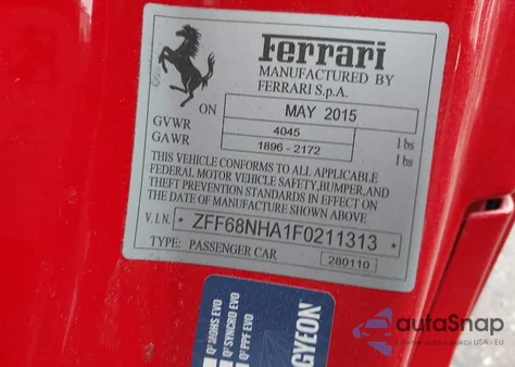 2015 Ferrari 458 Spider z USA, uszkodzony, nr VIN ZFF68NHA1F0211313